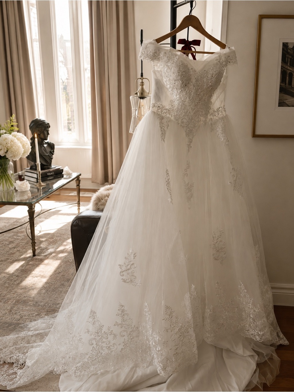 NEW Elegant Lace Ball Gown Wedding Dress | Corset Back | Size 8 | Off Shoulder